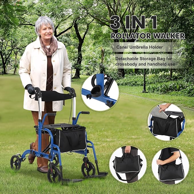 Walker for Seniors,Folding Walker and Transport Wheelchair Combo for Seniors - Lightweight Aluminum All-Terrain Rollator with Seat, Backrest, Hand Brakes & Footrests
