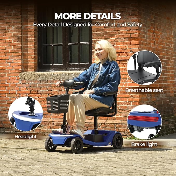 Metro Mobility 4-Wheel Foldable Mobility Scooter for Adults, Lightweight Electric Scooter for Seniors, 330 lbs Capacity, 22.5Ah Lithium Battery, 20 Mile Range, LED Lights – Blue
