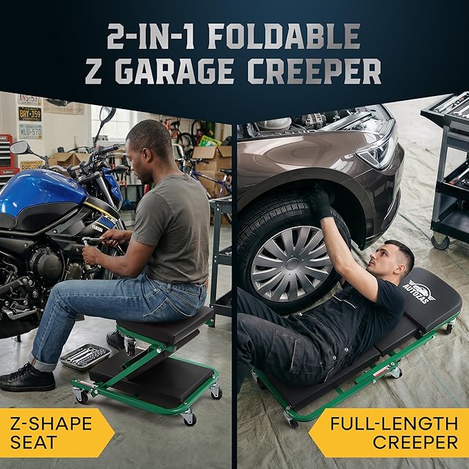 Creepers Automotive Mechanic Creeper Seat & Under Car Roller, 300lb Heavy Duty Foldable Garage Creeper with 360° Swivel Wheels, Magnetic Wristband, Low Profile Green Car Creeper for Mechanics