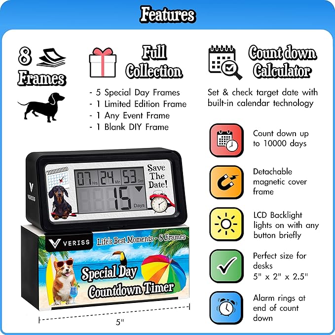 Digital 9999 Days Countdown Clock Timer with Backlight - Count Down Your Retirement, Wedding, Christmas, Vacation and All Calendar Event Dates in Your Life - Dog Collection (Black - 8 Frames)